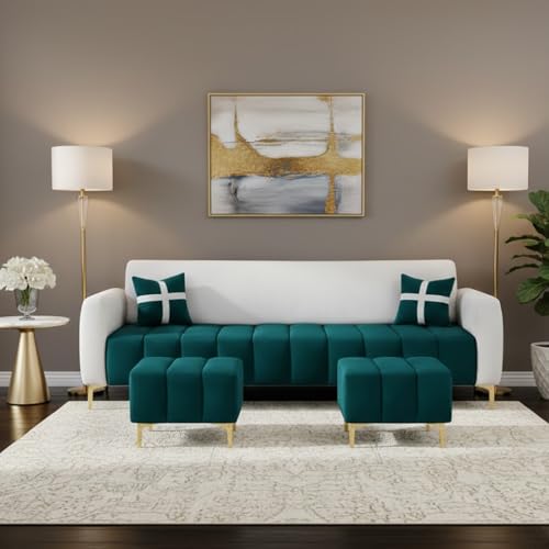 Image of Melody 3 Seater Modular L Shape Sofa Set with 2 Ottoman | Soft Velvet Upholstery, Sturdy Wooden Frame | Modern Sofa for Living Room, Hall & Office Spaces (Light Grey-Green Teal)
