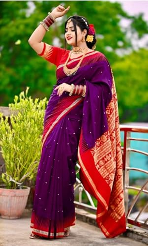 Image of NEW COLLECTION Women's Odisha Handloom Sambalpuri Pata Saree Temple Border Pasapalli Bomkai Buti Boyanika Design Saree Banarasi Soft Papa Silk Simple Ethnic Orissa Sari with Blouse Piece