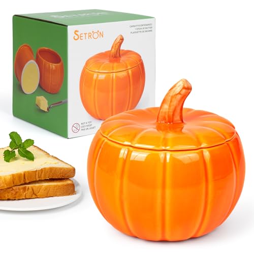 SETRON Halloween Pumpkin Butter Crock Ceramic Butter Keeper with Lid Airtight French Butter Crock for Countertop Storage Butter Dish for Spreadable Butter Perfect Gift for Kitchen
