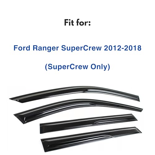Image of Window Visor Compatible with Ford Ranger SuperCrew 2012-2018, Rain Guard Tape-On Extra Durable Sun Wind Air Side Vent Window Deflector, Black
