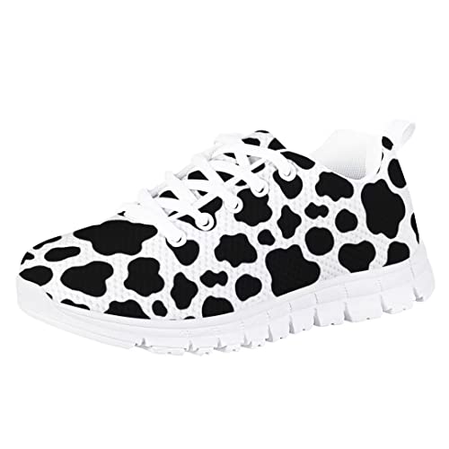 AmzPrint Black and White Girls Cow Print Shoes Size 10.5 Fashion Vintage Mesh Upper Lace-Up Flat Sneakers Fashion Styles