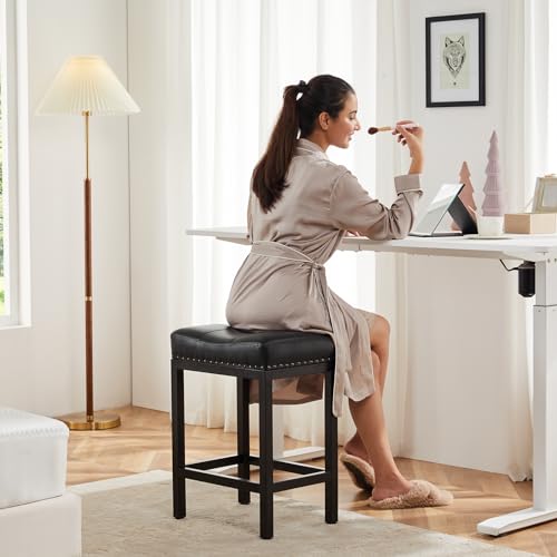 Butacos Zibbizo, Set de 2 Butacos de Altura para Isla de Cocina, Asiento Silla de Cuero Sintético PU con Acabado en Metal, Estilo Moderno, Negro miniatura 2