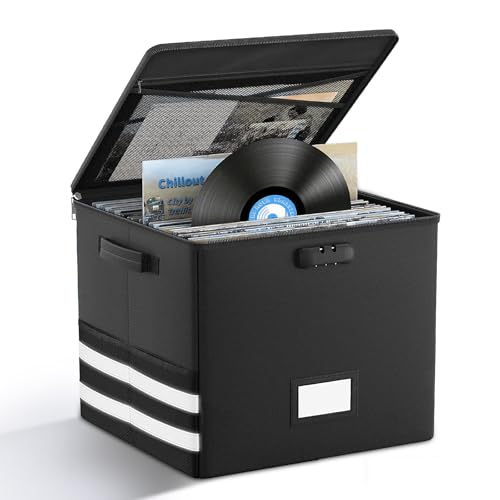 Scatola portaoggetti per dischi in vinile ignifugo e impermeabile, con serratura, pieghevole, 30,5 cm, grande, nera, per oltre 100 dischi in vinile, CD e file