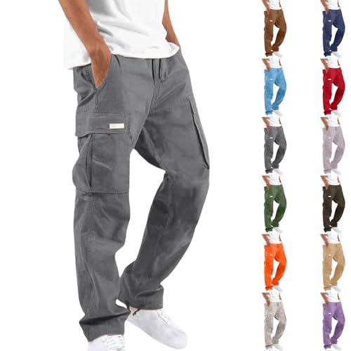 JIEMUXIU Cargo Pants for Men, Drawstring Casual Hiking Pants Joggers Athletic Trousers Cotton Loose Straight Sweatpants