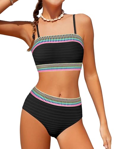 Image of DONWEN Girls Swimsuits V Neck Bikini Set Textured High Waist Girl Two Piece Bathing Suit