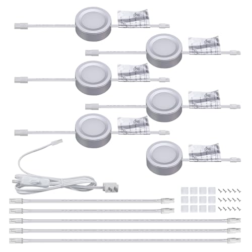 LUMILAND Wired LED Puck Lights Kit 2.68 Wide 3000K 120V Plug-in or Hardwired Installation with Recessed or Surface Mounted Silver Grey Set of 6