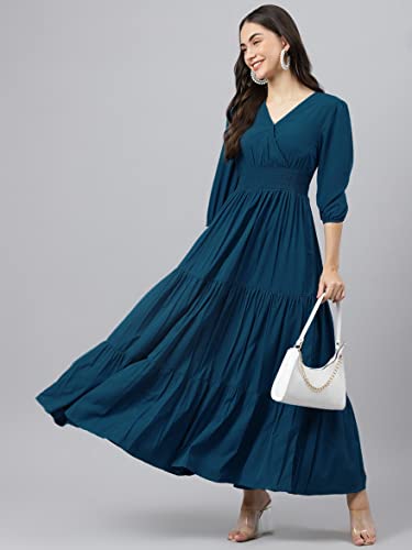 Image of Femvy Women's Fit and Flare Maxi Dress Rayon 3 /4 Sleeve Solid V-Neck Evening Dress 751
