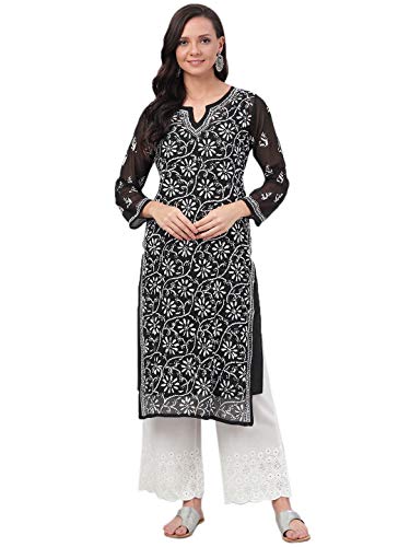 Ada Women’s Hand Embroidered Traditional Indian Chikankari Georgette Black Kurta/Kurti with Slip A131880 (XL)