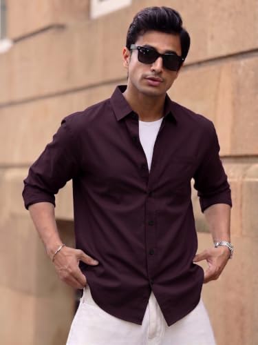 Image of Men's Brown Solid Full Sleeve Casual Shirt with Chest Pocket