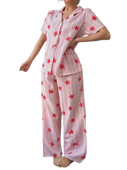 Women's Star Print Striped Nightdress Pyjama Set, Short Sleeve Top with Long Pants, Blue and White-image-41
