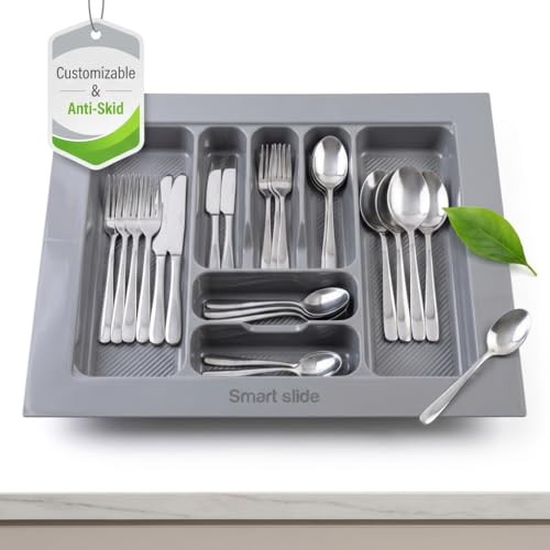Image of SmartSlide 700 MM PVC Cutlery Tray For Kitchen Drawer Modular Kitchen Tandem Drawer Organizer | Adjustable Width & Depth | Grey Non-Slip Surface (700 x 535 MM)