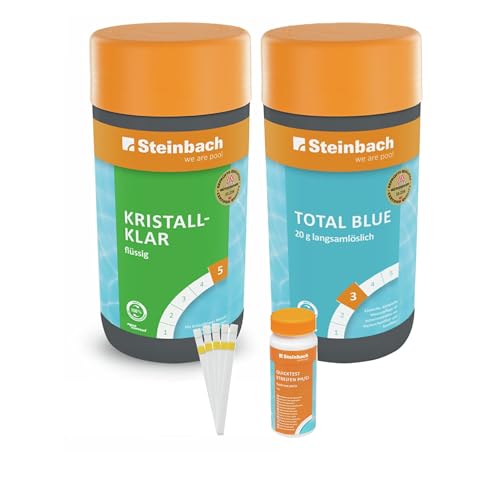 Steinbach | Poolpflege Kristallklar + Total Blue Starter-Set | flüssig 1 l | mit 50er Teststreifen-Kit | ideal zur Wasserkontrolle | Poolwasser sauber und kristallklar