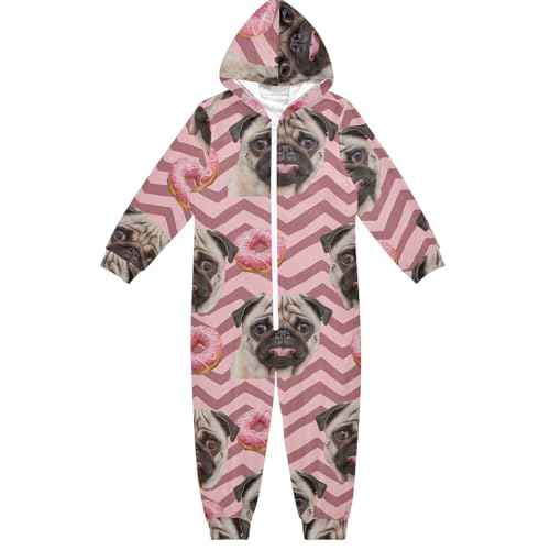 CHIFIGNO Enterizo unisex de una pieza para niños, disfraz divertido de Halloween, Navidad, cosplay, para niños y niñas, Cute Pugs With Pink Donuts-1, 12-13 años