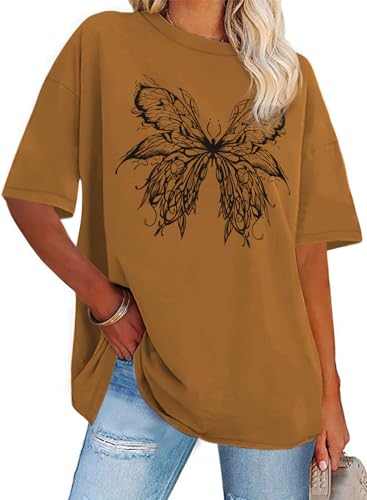Womens Oversized Tshirt Graphic Tees Crew Neck Summer Short Sleeve Loose Fit Tops（Brown Butterfly, 3XL）