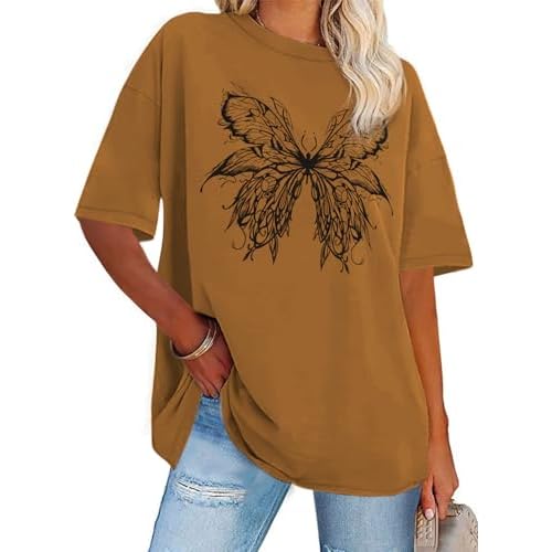 Womens Oversized Tshirt Graphic Tees Crew Neck Summer Short Sleeve Loose Fit Tops（Brown Butterfly, S）