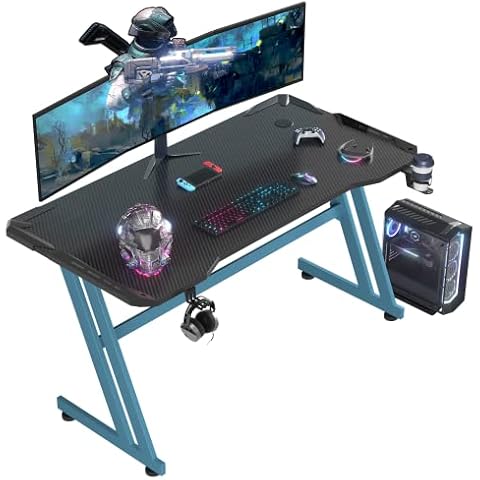DLONGONE Steel ZZ-Frame Gaming Desk 115 * 60cm Ergonomic Gamer Workstation GamerCarbon Fibre Surface Large compuster Desk with Cup Holder Blue Cover