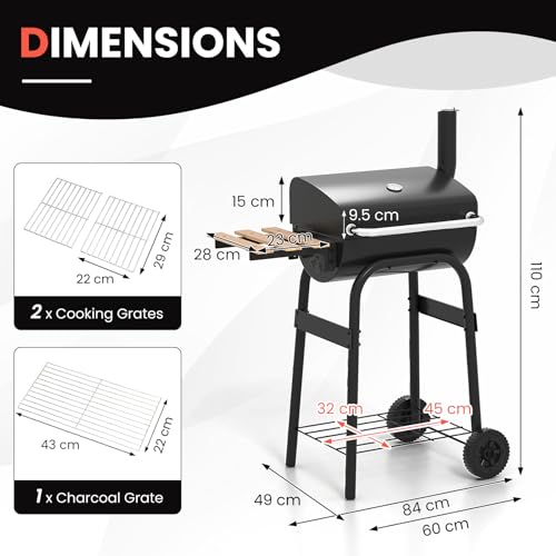 COSTWAY Charcoal BBQ Grill, Garden Barbecue Trolley with Wheels, Shelves and Thermometer, Outdoor Smoker Griller for Camping Picnic Party (with Folding Side Table) - Image 6