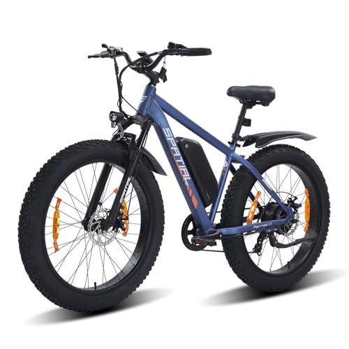 SPATIAL Bicicleta Eléctrica Montaña de 26' con Neumáticos Anchos de 4.0' y Batería de 48 V 13Ah y 624 WH, Autonomía de hasta 112 km, Motor de 250W y 80Nm, Pantalla LCD con 5 Pas (Azul Hombre)