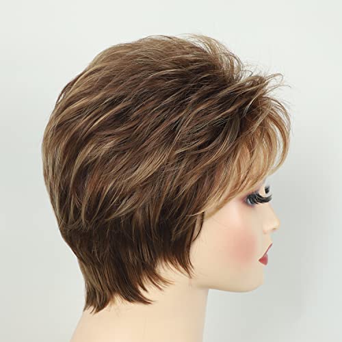 Tishining Short Brown Pixie Cut Wigs For Women With Bangs Dark Brown Mixed Blonde Wavy Layered Short Boy Cut Wig Natural Looking Synthetic Hair Replacement Wigs For Daily Party #TOP4