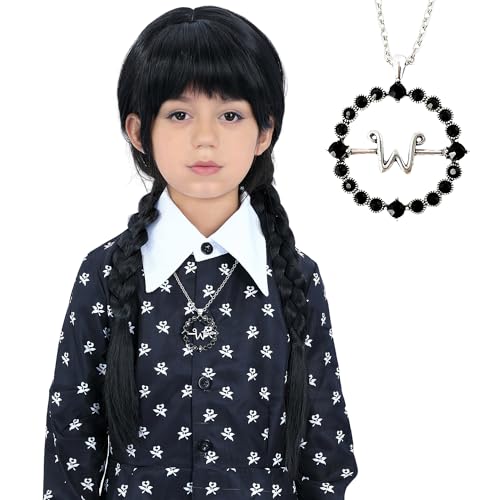 Bettecos Long Black Braided Wig for Girls with Necklace Heat Resistant Synthetic Pigtails Hair Wigs for Kids Halloween Party Cosplay Costume (Kids Wig+Necklace)