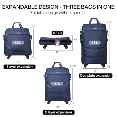 Hanke Valises à roulettes Sac à Bagages Pliable Extensible Valise Sac de Voyage Pliable à roulettes Sac de Voyage pour Hommes Femmes Valises légères sans poignée télescopique, Bleu – Image 2