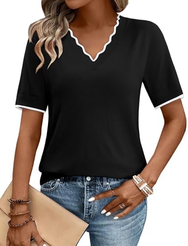 onlypuff Womens Summer V Neck Sweaters Pullover Basic Clothes Cozy Lightweight Sweaters Short Sleeve Tops Black