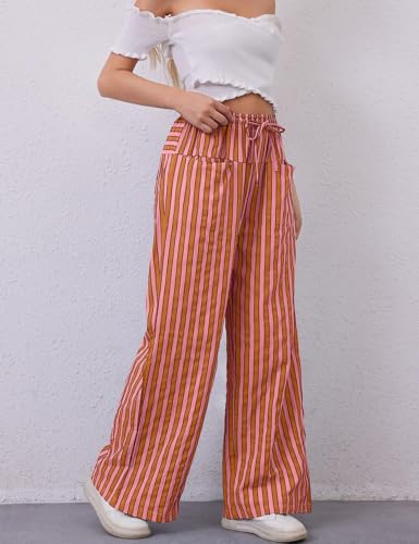 Image of Kissonic Women Striped Pants Casual Drawstring Wide Leg Trousers Loose Lounge Pajama Pants with Pockets