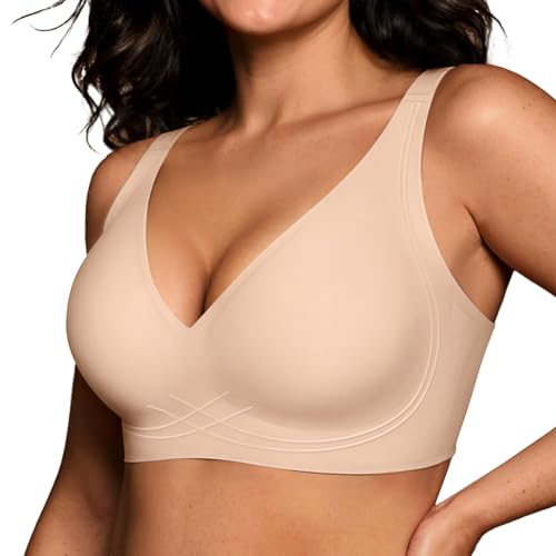 Image of OEAK Womens Comfortable Jelly Bras Deep V Bra No Underwire Seamless Full Coverage Bralettes Raceback Tshirt Supportive Bras