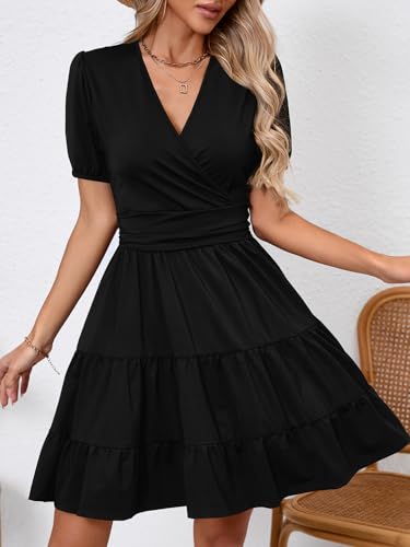 Image of Women's Casual Summer Dress V Neck Short Sleeve Flowy Stretchy Comfort Fit for Daily Wear Work Midi Dresses