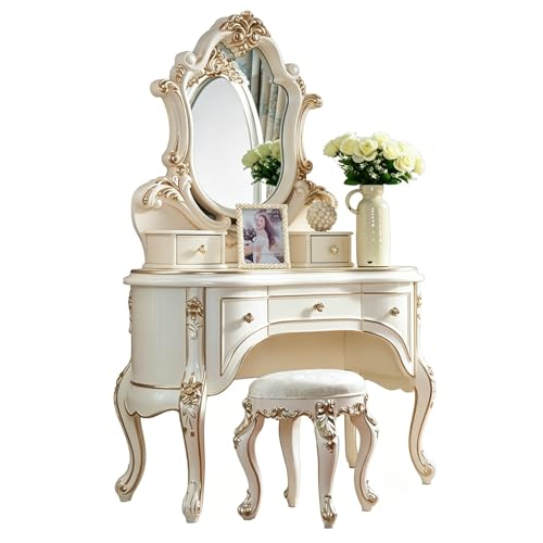 ASYJVWYZ Juego De Tocador De Maquillaje De Estilo Europeo con Taburete, Adornos Dorados, 5 Cajones, Blanco, Tocador De Dormitorio con Espejo(Beige)