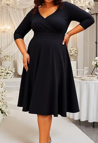 Image of Womens Plus Size Dresses Faux Wrap Summer Dress 3 /4 Sleeves V Neck 1950s Retro Vintage Wedding Party Midi Dress