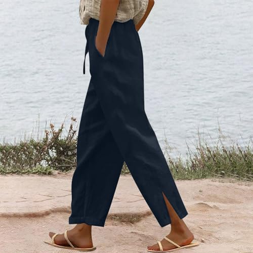 Women's Cotton Linen Drawstring High Waisted Pants Lounge Beach Summer Palazzo Casual Loose Fit Wide Leg Trousers2