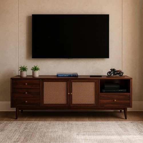 Image of Premium Solid Wood, 10 Minutes Assembly (Legs Only), Aesthetic Rattan Doors, Mid Century Entertainment Center for Living Room, TV Stand for 65 inch TV, Dark Chocolate (Walnut TK-26)