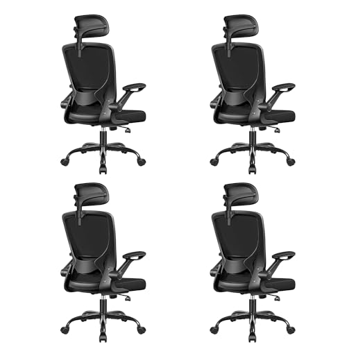 Image of Ergonomic Office Chair, Breathable Mesh Desk Chair for Home Office, 4 Pack | Adjustable Lumbar Support for Back Pain Relief, Computer Chair Comfy for Long Hours, Space-Saving Flip Padded Armrests, Black