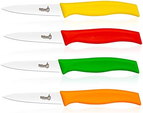 Slitzer Germany 4-Piece Paring Knife Set, German Stainless Steel Blades, Colored Handles, Red, Yellow, Green, Orange