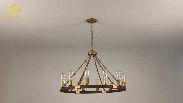Image of Gold Wooden Wagon Wheel Chandelier 12-Light 31.5 inch Light Fixture