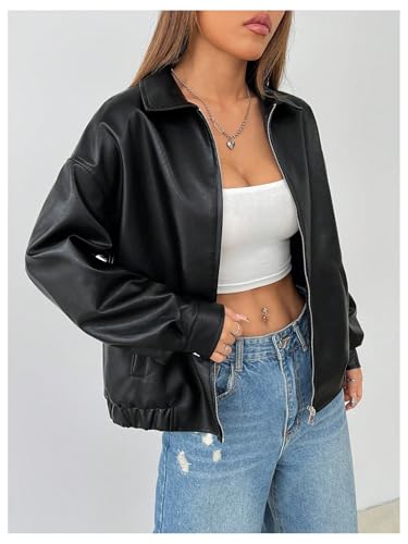 Women's Faux Leather Zip Up Jacket Long Sleeve Drop Shoulder Outerwear Coat3