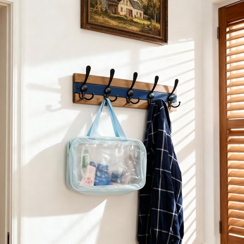 Image of SKOLOO Rustic Wall Mounted Coat Rack - 16-7 /8 inch Long Coat Hooks for Wall with 5 Triple Hooks for Hanging Coats, Hats or Tools, Western National Parks Collection, Wood Brown & Blue, Pack of 2