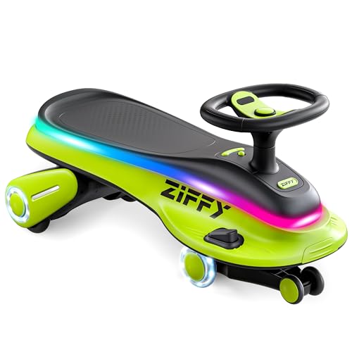 JOVA ZIFFY 6V 5.5A Electric Wiggle Car with Pedal, Light-Up, Rechargeable Battery, 2-in-1 Swing Car, 2 Speed Ride-On Toy, Anti-Rollover, Flashing Wheels, for Ages 3+ (Up to 110 lbs),Green