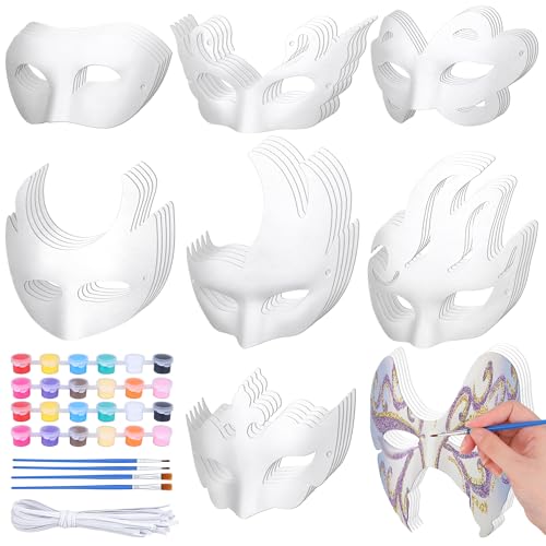 Vivantia 40 máscaras de papel blanco de media cara, pintadas a mano, máscaras de graffiti pintadas a mano con cepillos de pintura acrílica, máscara de fiesta de Mardi Gras para Halloween, carnaval