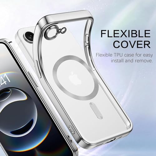 Image of VONZEE Electroplating Transparent Clear Logo Back Cover TPU Compatible with iPhone 17e / iPhone 16e Case, Compatible with Magsafe, Full Body & Camera Protection for Each Lens for Men & Women (Grey)