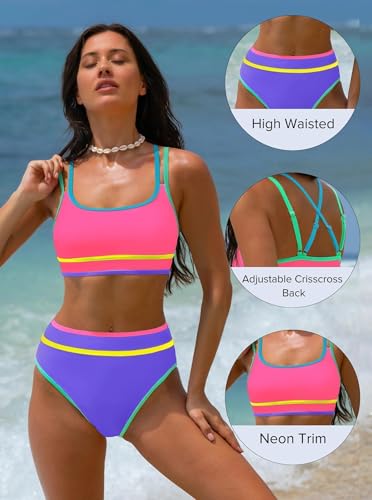 Image of popvil Women's High Waisted Bikini Sets 2026 Neon 2 Piece Swimsuit