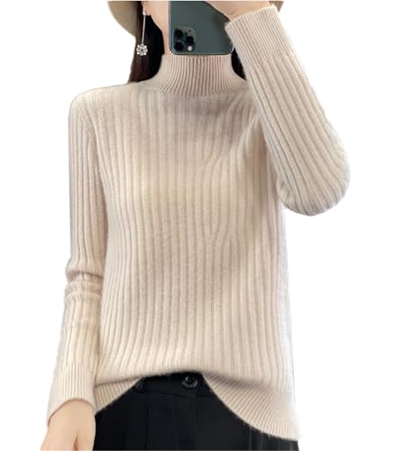 100% Merino Wool Sweater Women's Autumn Winter Mock Neck Long Sleeved Groove Strip Pullover Warm Soft Knitted Tops