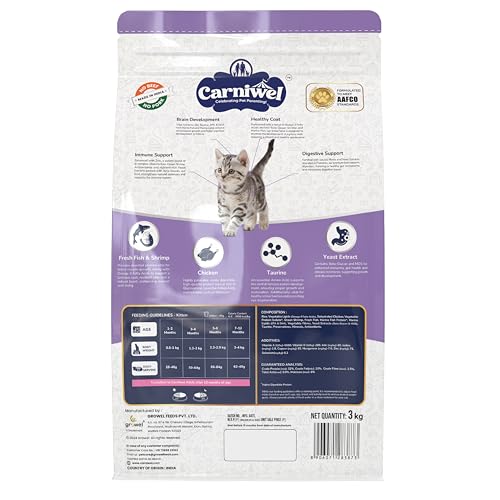 Image of Carniwel Fresh Fish & Shrimp Kitten Dry Cat Food 3 Kg | Fresh & Natural Ingredients | Highly Palatable | Supports Healthy Skin & Glossy Coat | Premium Nutrition