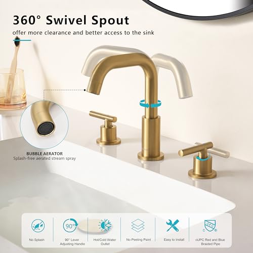 OMEKNTOP Brushed Gold Bathroom Faucet 3 Hole, 8 Inch Widespread Gold Bathroom Faucet with 360° Swivel Gooseneck and cUPC Hose, Two Handle Bathroom Sink Faucet for Basin Lavatory Vanity by OMEKNTOP - Image 4