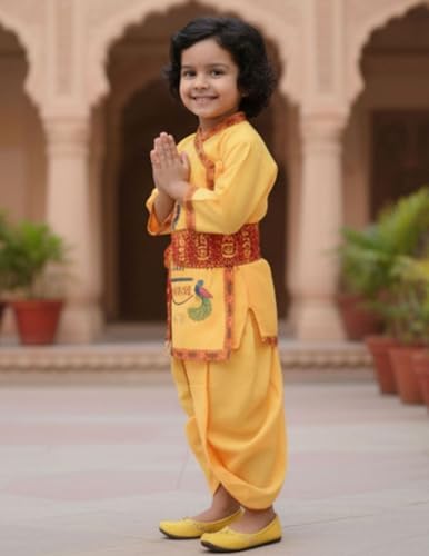 Image of BookMyCostume Cotton Shri Krishna Dress For Baby Boy|Print Krishna Costume For Kids With Patka|Janmashtami Photoshoot Outfit|Kanha Dress For Baby Boy|Fancy Dress Costumes For Kids|6-12 Months