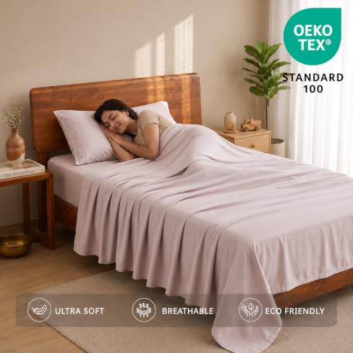 Image of LANE LINEN 100% Organic Cotton Bedsheet for Single Bed - Sepia Rose | GOTS Certified, Percale Weave, 60x90 inches, Soft & Breathable, Machine Washable, Includes 1 Pillow Cover