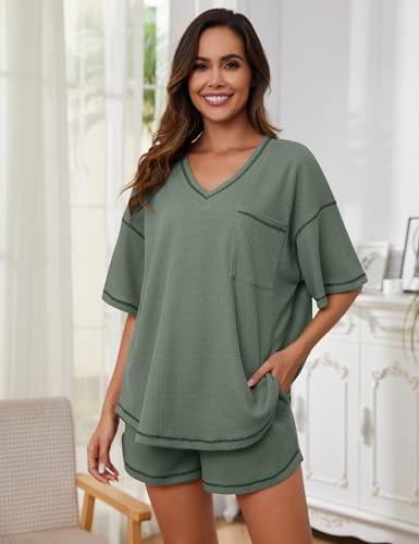 Image of Womens Pajama Sets Waffle Knit 2 Piece Short Lounge Set Cute Sleep Loungewear Pjs Set Short Sleeve Top and Shorts