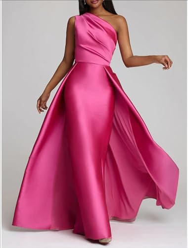 Women's One Shoulder Prom Dresses Long Satin Sleeveless Ruched Ball Gown 2024 Evening Dress with Overskirt4