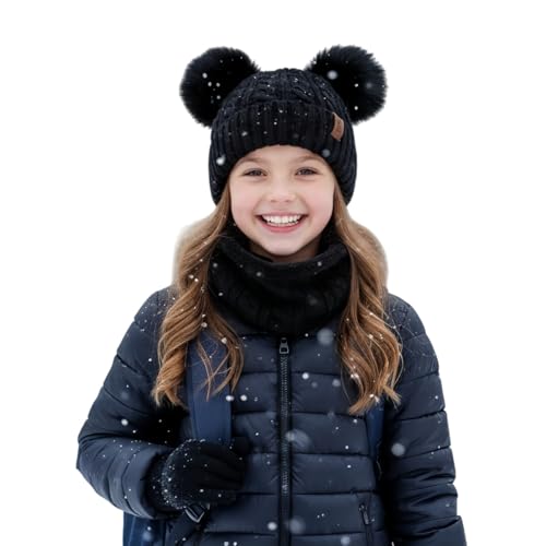 Image of Kids Winter Beanie Scarf Gloves Set with 2 Pompom - Thermal Thick Fleece Lined Hat, Neck Warmer & Mittens for 1-10 Boys Girls
